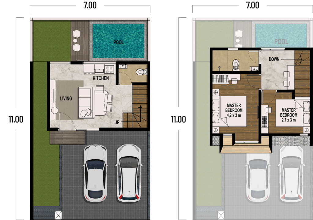 TYPE SEVEN SERIES BASIC L1 | Denah Pool (2KT,2KM) | LB:80 m² | LT:77 m²