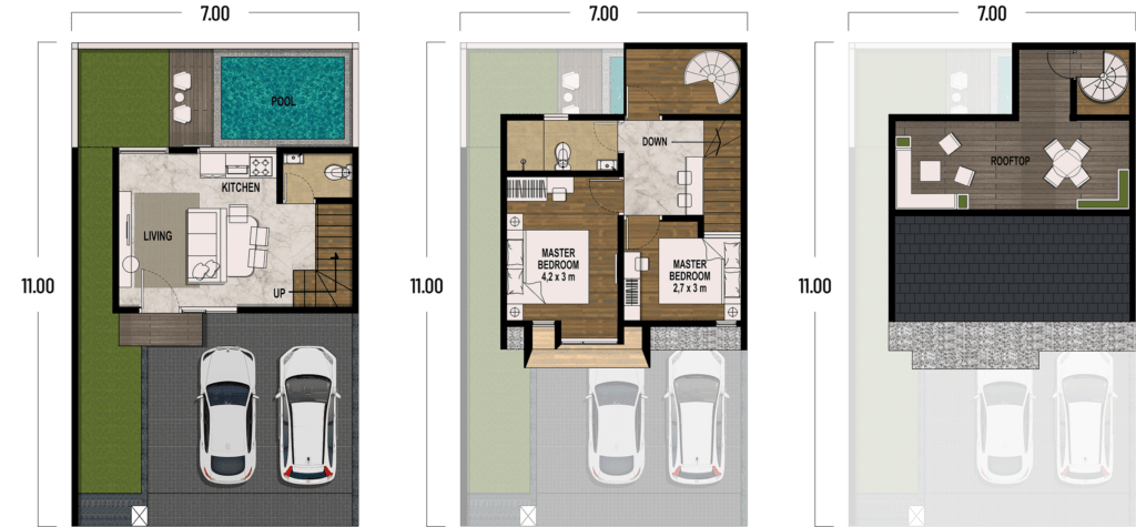 TYPE SEVEN SERIES BASIC L2 | Denah Rooftop (2KT,2KM) | LB:105 m² | LT:77 m²